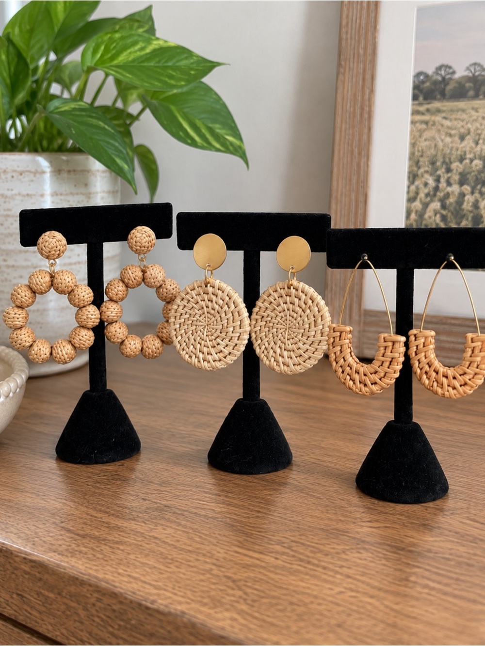 Set of 3 Natural Rattan Hoop Earrings
